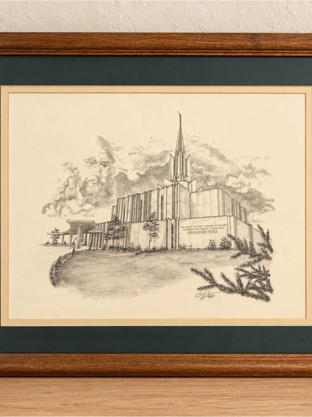 Framed Architectural Temple Sketch in Cream and Brown